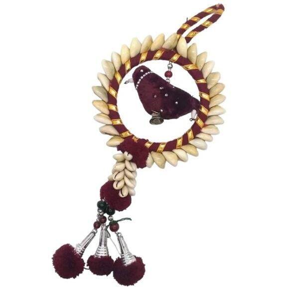 Handmade Puka Shell and Pompom Bird Circle Decorative Wall Hanging Maroon Gold - Picture 1 of 3